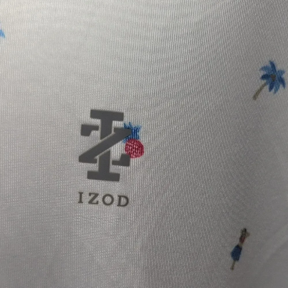 Izod White Polo Hula Girls Pineapples Palm Trees Reds/Blues Silky Sheen Size L
